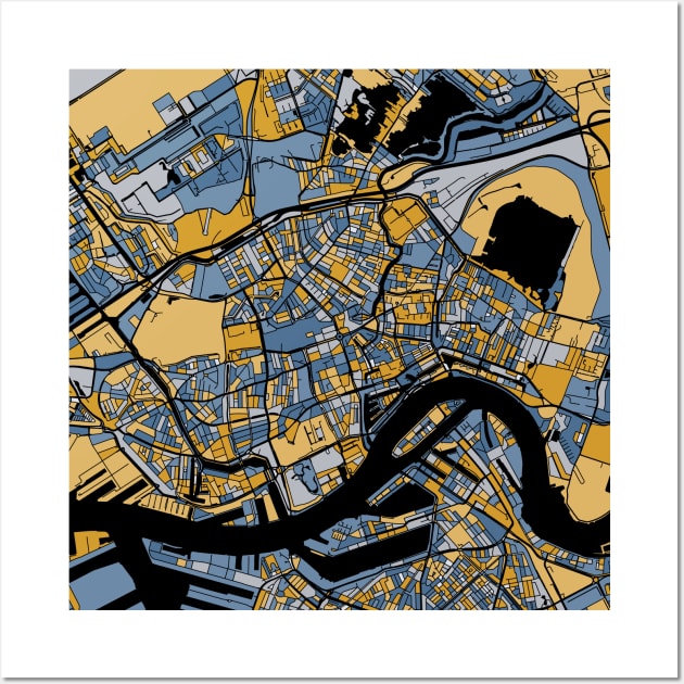 Rotterdam Map Pattern in Blue & Gold Wall Art by PatternMaps